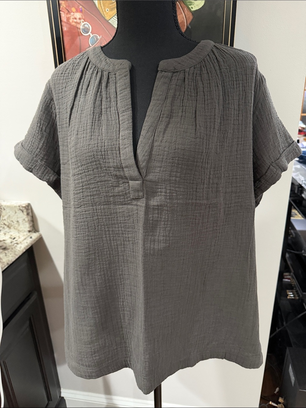 Women's Lucky Brand  Relaxed Split-Neck Top - Gray Gauze nwt size Large